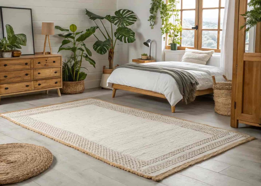 A white jute-blend rug on a bedroom floor surrounded by plants and natural wood furniture