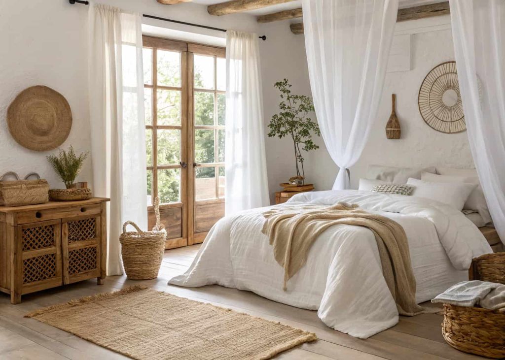 A cozy bedroom with rumpled linen bedding in soft white, linen curtains filtering morning light, natural textures throughout, wooden furniture, bright airy space, relaxed soft aesthetic interior lifestyle photography.