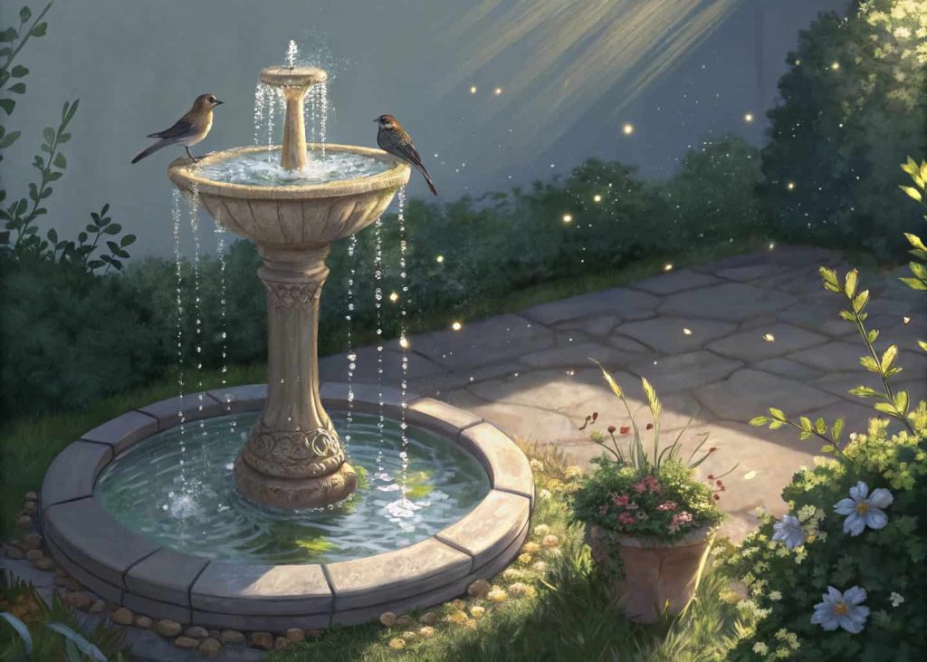 A solar-powered fountain bird bath with flowing water, perched birds, sunlight reflecting, surrounded by small garden plants.