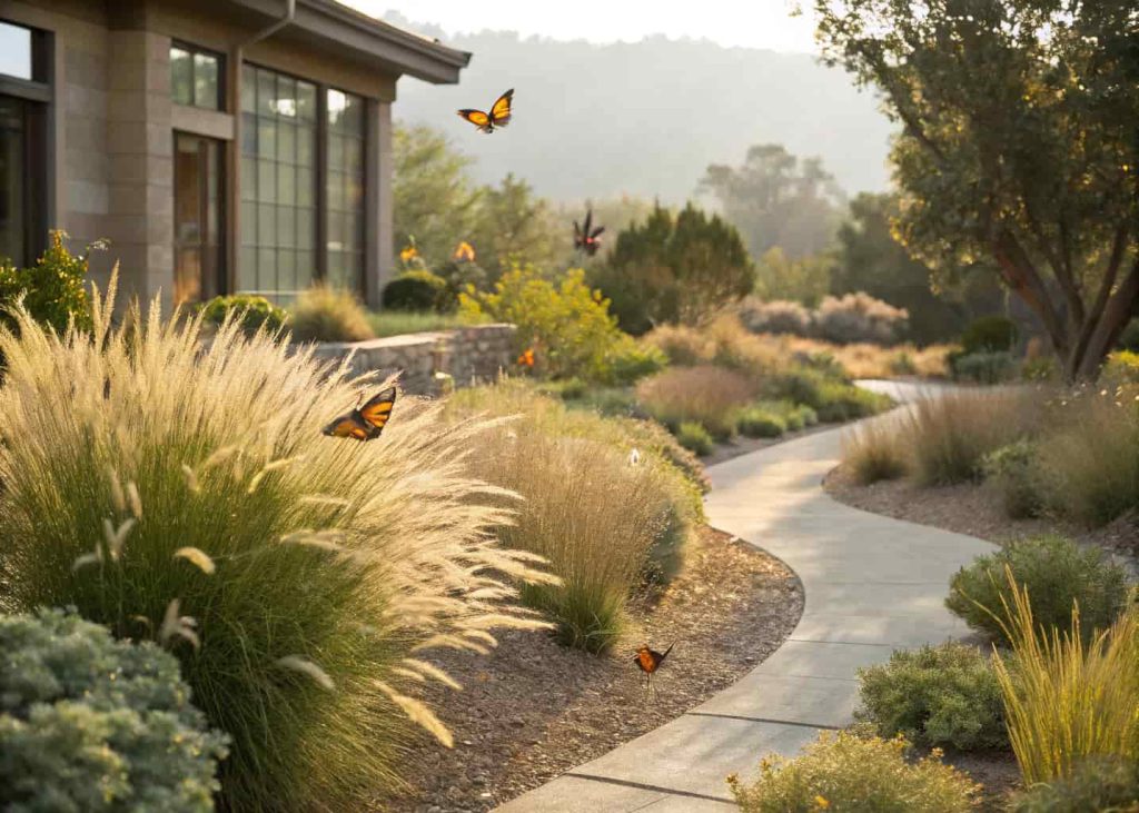 A front yard landscaped with ornamental native grasses and low-growing shrubs, golden and green tones, butterflies nearby, natural wild garden look, realistic photography, warm afternoon sunlight.