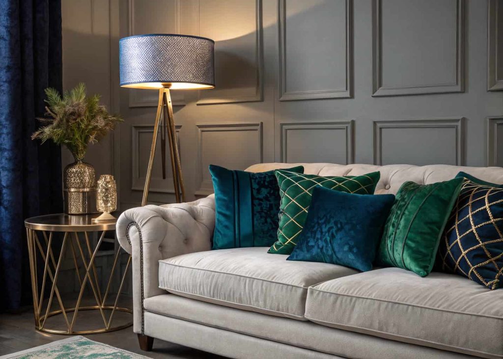 Deep sapphire blue and emerald green velvet decorative pillows on a light grey sofa, moody yet elegant living room interior with warm lamp lighting, luxurious and rich jewel tone aesthetic, high-end interior design photography, rich fabric texture detail.