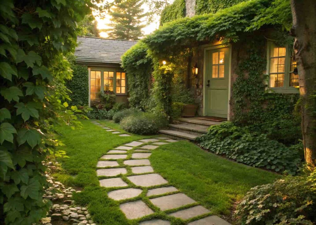  A charming front yard garden path made with flat stepping stones surrounded by creeping green ground cover, leading to a cottage-style front door, soft green lawn on both sides, natural warm lighting, realistic garden photography.