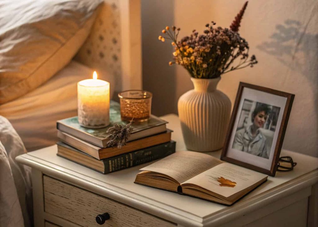 A close-up of a cozy bedroom nightstand with a personal stack of books, a candle, dried flowers in a small vase, a framed photo, warm soft lighting, intimate and personal cozy bedroom aesthetic photography.