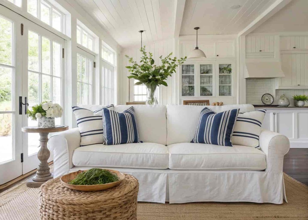 Classic navy and cream ticking stripe decorative pillows mixed with solid white linen pillows on a white slipcovered sofa, bright coastal farmhouse living room, natural light, clean and timeless interior styling, lifestyle home decor photography.