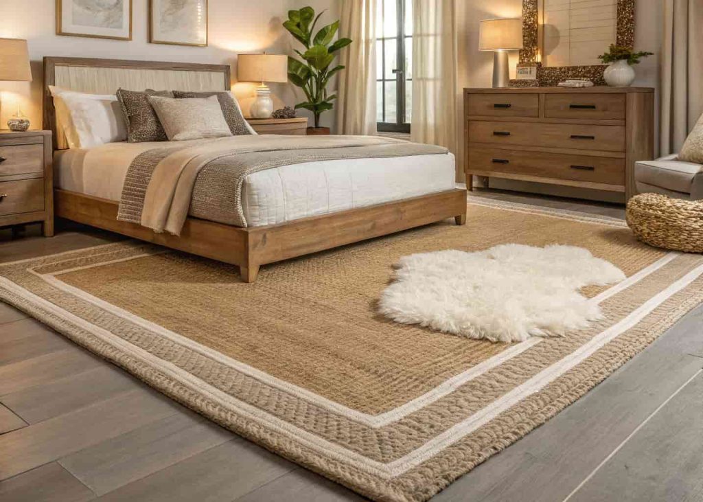 Layered rugs in a bedroom with a large neutral jute base rug and a smaller white fluffy rug on top