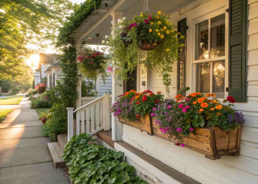  A front porch with charming wooden window boxes overflowing with colorful flowers including ivy, pansies, and begonias, white cottage-style house, sunlight hitting the flowers, welcoming and cheerful atmosphere, realistic photography.