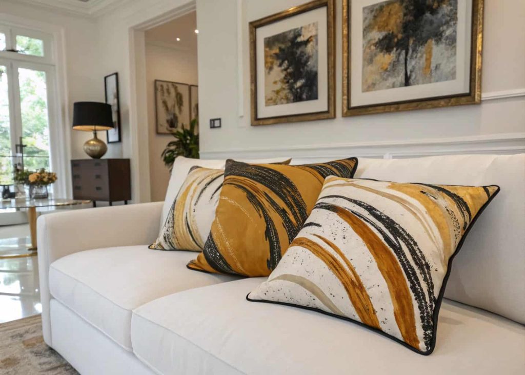 Bold abstract brushstroke art-inspired decorative pillows in warm ochre, black, and cream color palette on a modern white sofa, gallery-style contemporary living room interior, clean natural light, artistic and sophisticated home decor photography