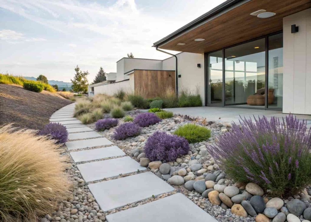 A modern front yard rock garden with river pebbles, decorative boulders, lavender plants and ornamental grasses, clean and minimalist design, dry climate garden style, bright natural light, realistic photography.