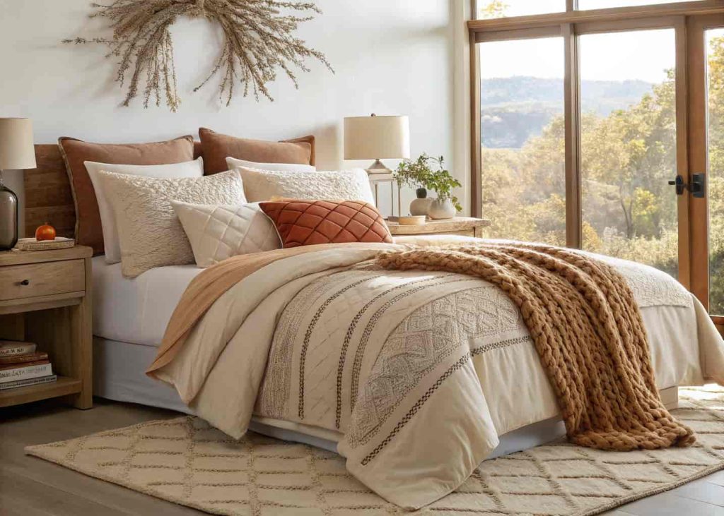 A beautifully layered bed with cream and beige bedding, chunky knit throw blanket, multiple soft pillows in warm tones, cozy bedroom interior, natural light, warm atmosphere, realistic photo style