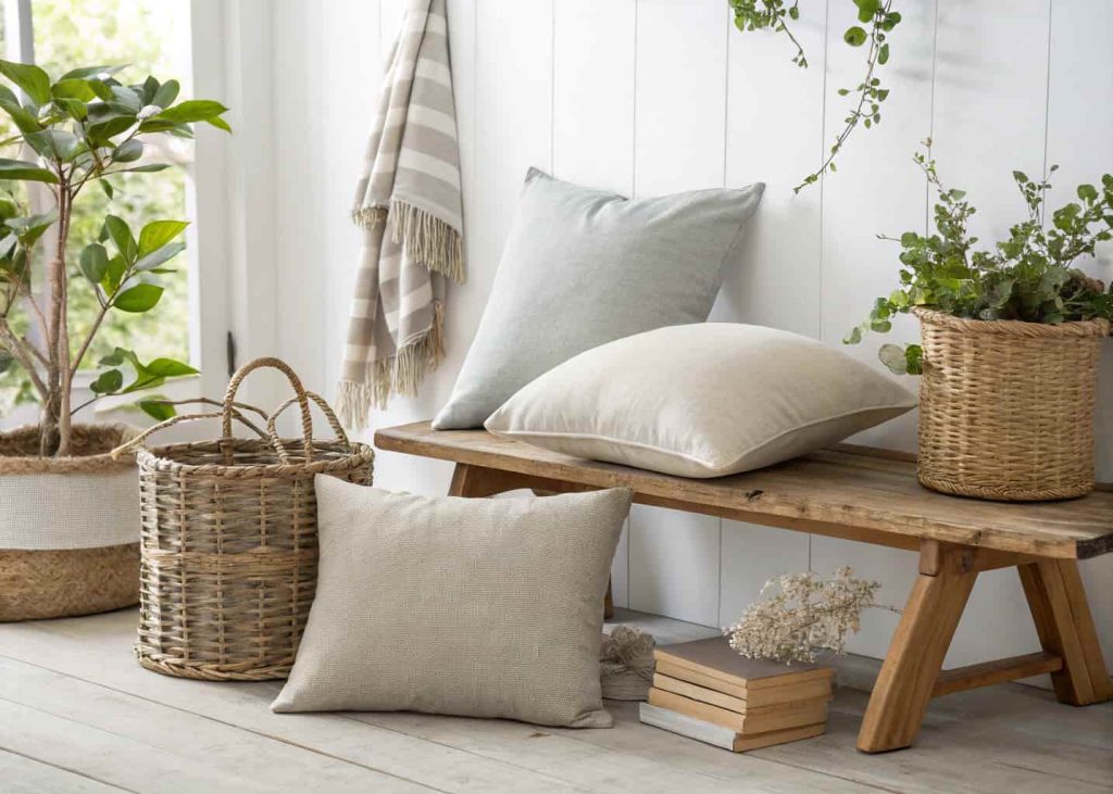 Natural undyed organic cotton and linen sustainable decorative pillows in earthy oatmeal, sand, and soft grey tones on a simple wooden bench, minimal eco-conscious interior, bright clean natural lighting, slow living and sustainability aesthetic, lifestyle photography.