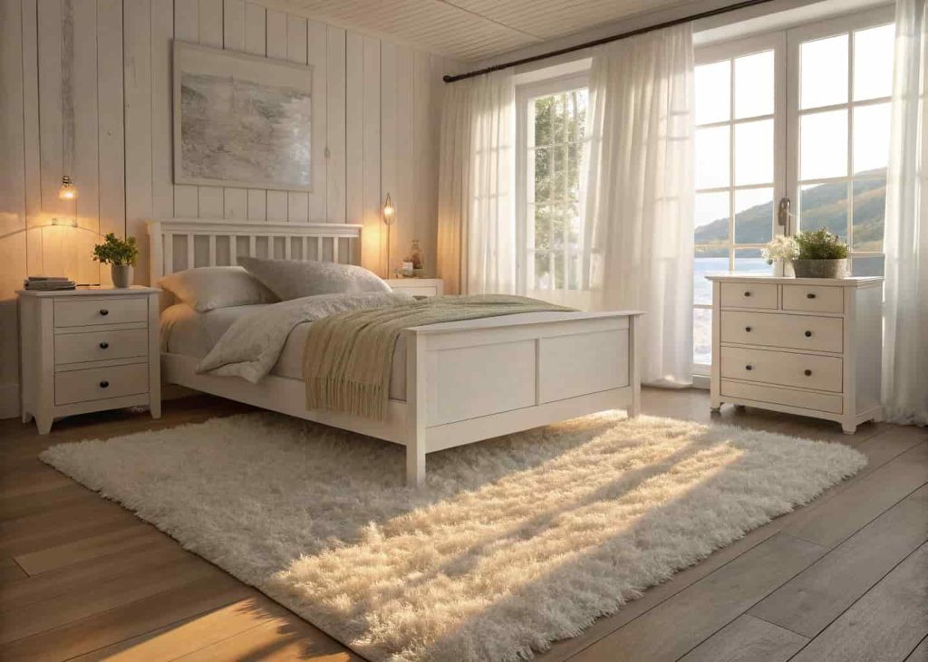 Soft cream shag rug under a white bed in a bright minimalist bedroom