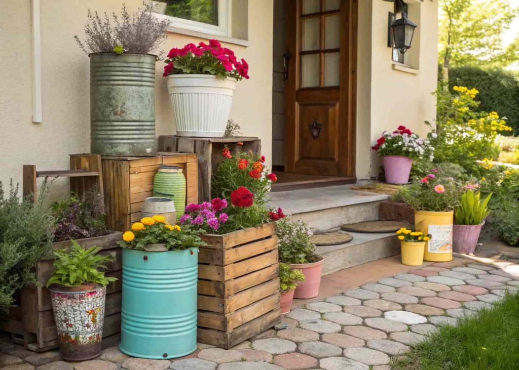 A front yard entrance decorated with repurposed vintage tin cans, wooden crates, and colorful buckets used as plant containers filled with bright flowers and herbs, eclectic and charming garden style, natural light, realistic photography.