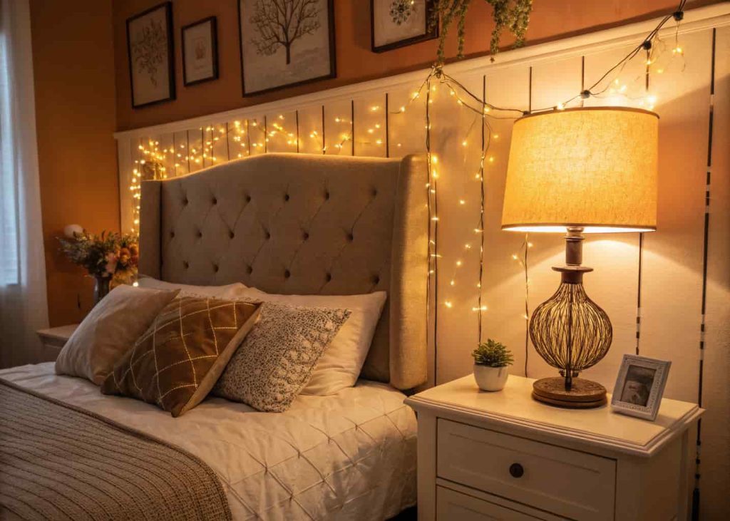 Cozy bedroom with warm amber lighting, bedside lamp with fabric shade, fairy lights on headboard, soft glow, evening ambiance, warm toned walls, realistic interior photography