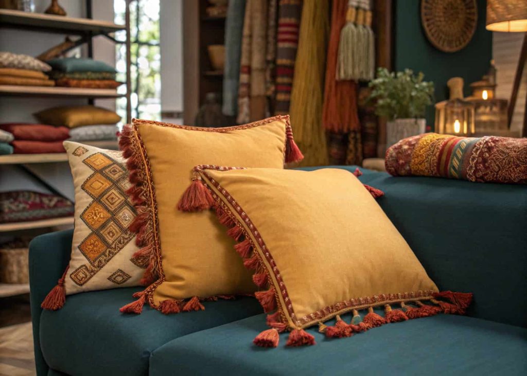 Decorative throw pillows with long cotton fringe trim and corner tassels in warm mustard and terracotta tones on a dark teal sofa, boho-eclectic interior with layered textiles and warm lighting, detailed fabric texture, lifestyle interior decor photography.