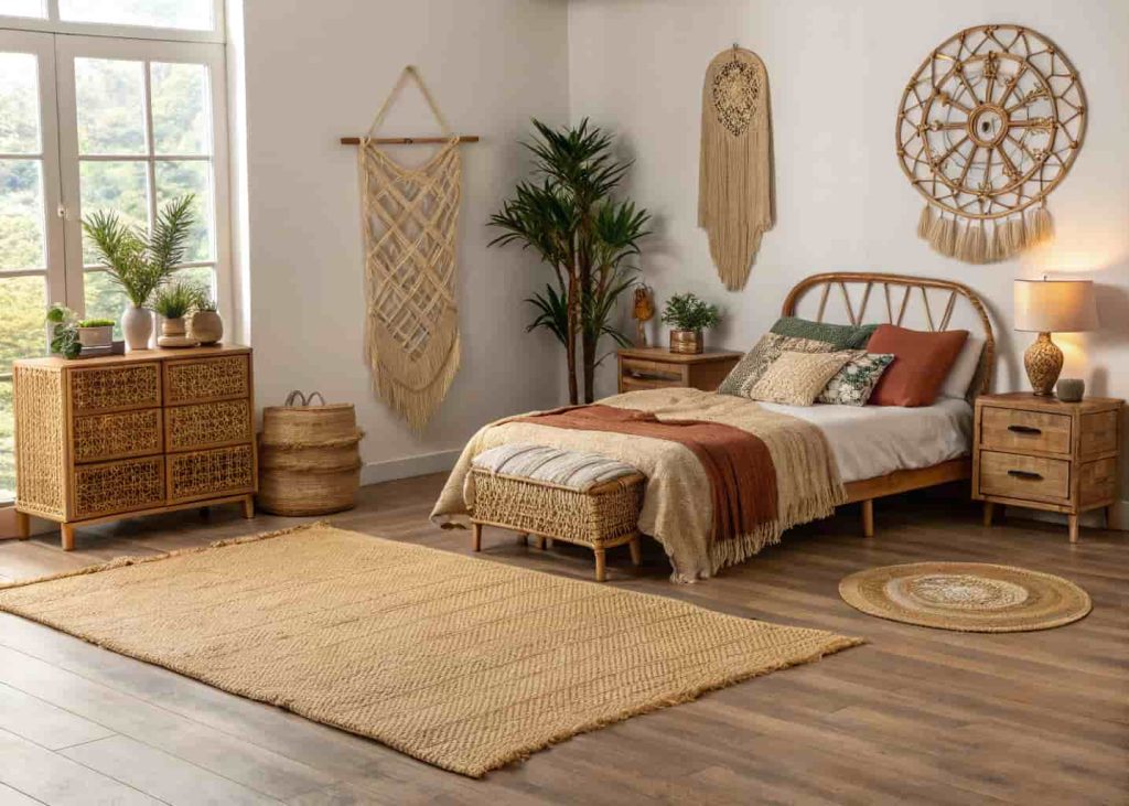 Natural jute woven rug in a bohemian bedroom with rattan decor and warm lighting