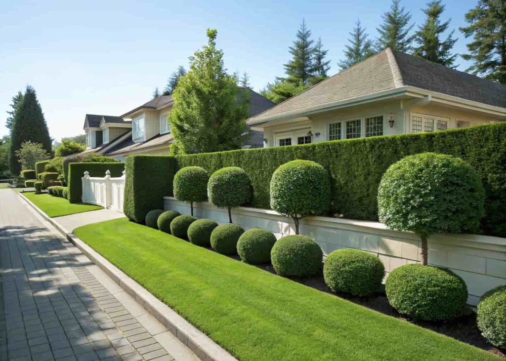 A neat front yard hedge made of compact green boxwood shrubs lining the boundary of a suburban home, trimmed and tidy, green lawn in foreground, clear blue sky, classic and clean garden style, realistic photography.