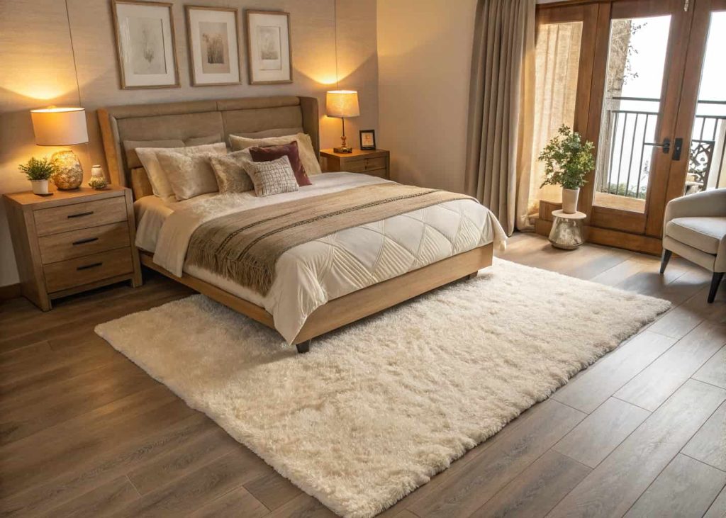 Bedroom with a large plush ivory high-pile area rug under a bed, warm morning light, cozy earthy tones, soft textures, overhead shot, hygge aesthetic, interior design photography