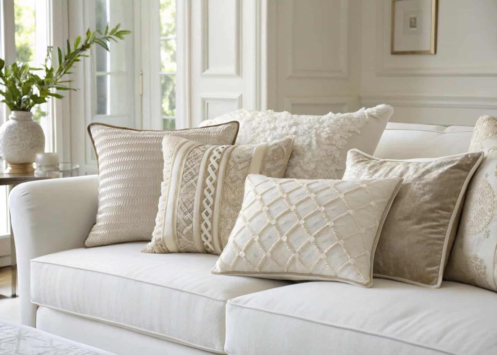 Monochromatic tone-on-tone decorative pillow arrangement in varying shades of cream and ivory — boucle, linen, and velvet textures — on a white sofa, minimalist and elegant living room, soft warm natural light, sophisticated interior styling photography.