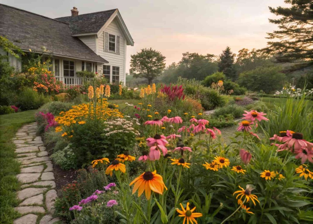 A vibrant front yard garden filled with blooming perennials including coneflowers, black-eyed Susans, and daylilies in a natural cottage garden style, lush and colorful, summer afternoon light, realistic garden photography.