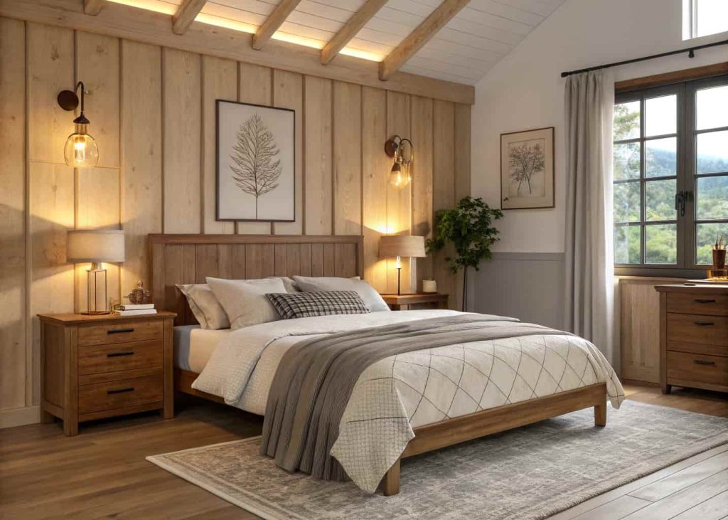 Cozy bedroom featuring a warm walnut wooden headboard, oak bedside tables, natural wood accents, soft neutral bedding, warm lighting, Scandinavian interior design, realistic photography