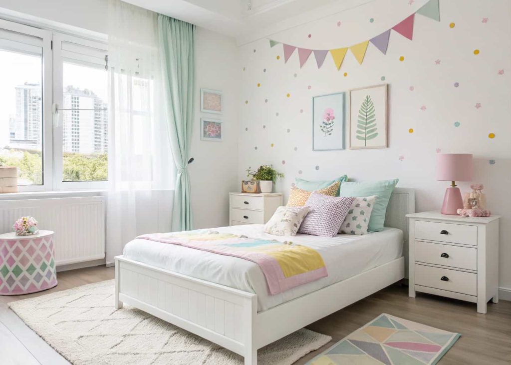 A playful mix of pastel pink, lavender, mint, and butter yellow decorative pillows on a white bed, bright and airy modern bedroom with minimal decor, joyful and fresh aesthetic, soft natural morning light, contemporary interior lifestyle photography.