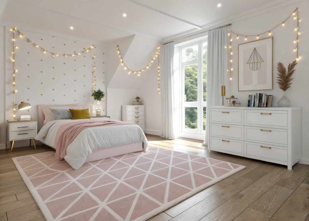 Blush pink geometric rug in a bright modern bedroom with gold accents