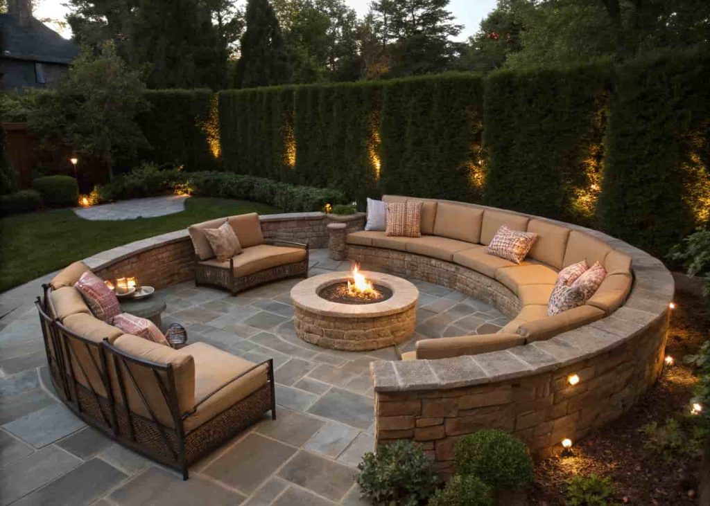 Circular seating arrangement with curved outdoor sofas around a round stone fire pit in a landscaped backyard at evening.