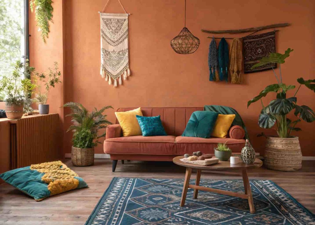 Colorful boho living room with terracotta walls, rust sofa, teal cushions, and deep indigo rug