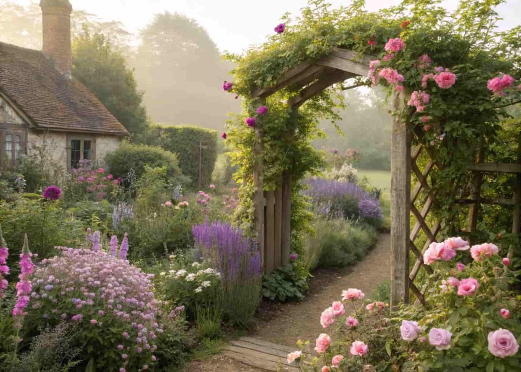 a beautiful cottage-style garden with wildflowers, climbing roses on a wooden arch, and lush layered greenery in soft morning light