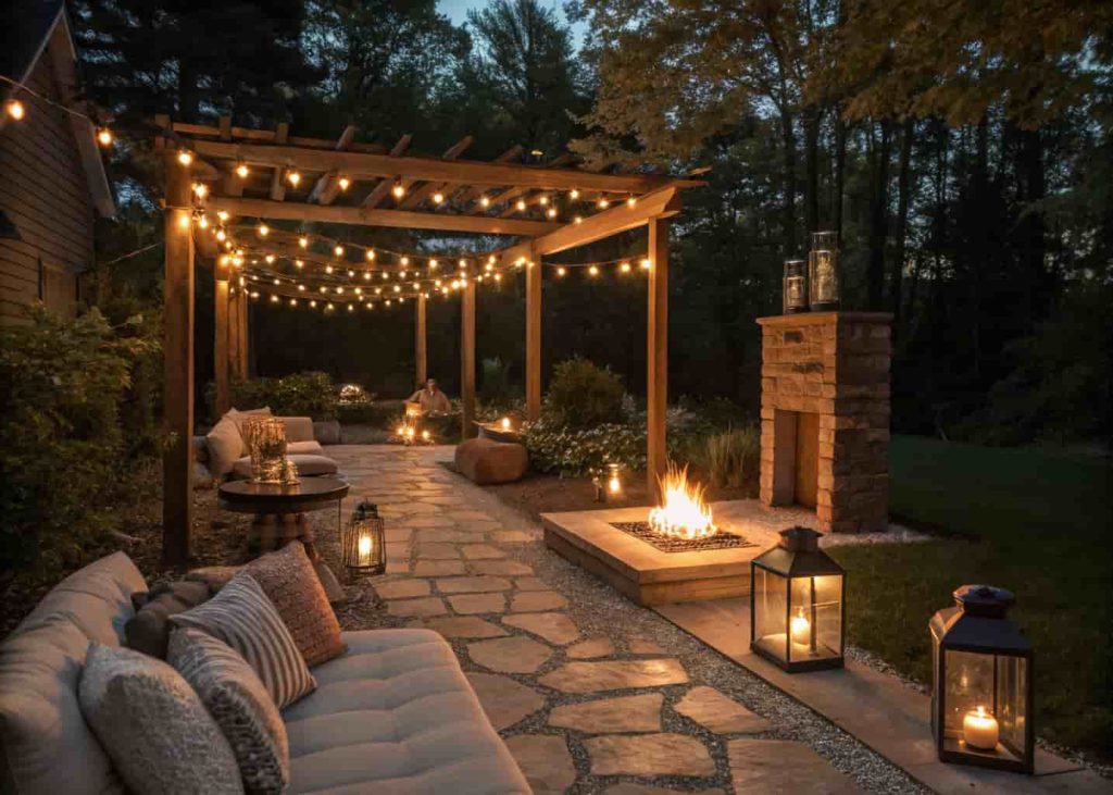 Backyard fire pit lounge at night with layered lighting including string lights, solar path lights, and glass lanterns creating a warm amber atmosphere.