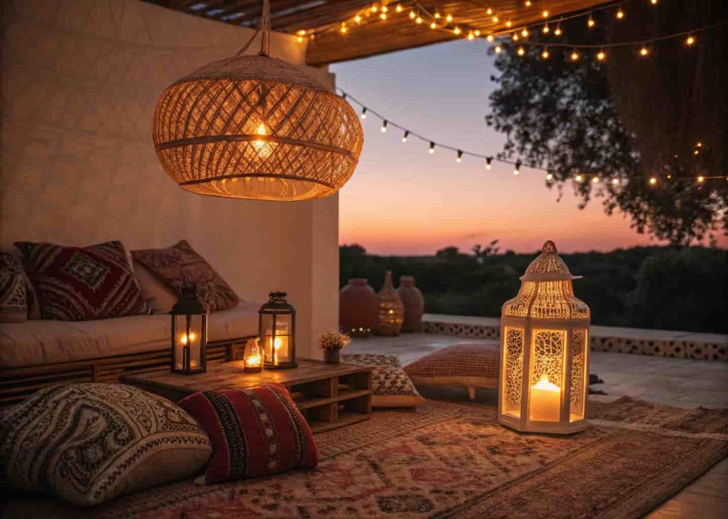 Warm bohemian statement lighting with rattan pendant, Moroccan lanterns, and Edison string lights