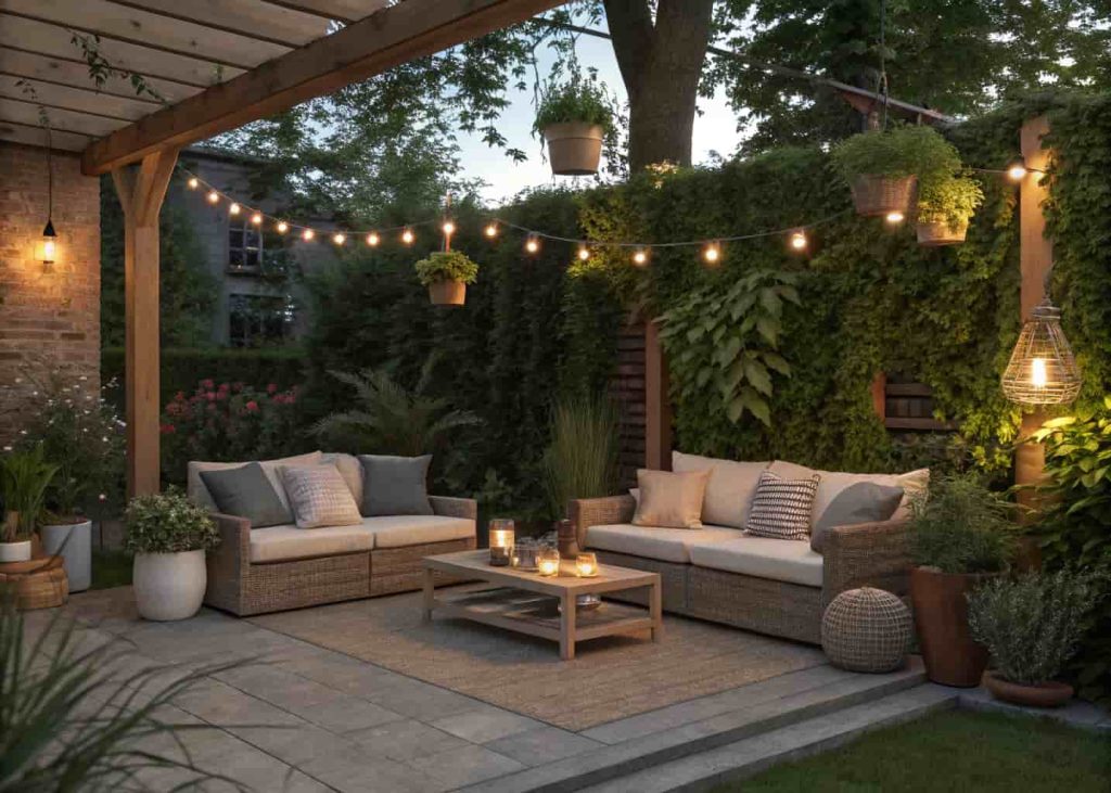 A cozy outdoor living room with garden sofas, string lights, and lush plants and climbing vines creating a room-like atmosphere