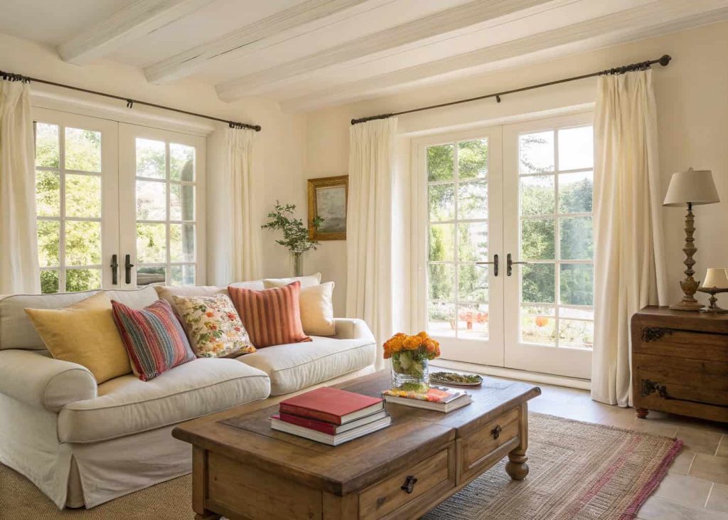 A bright warm white living room with linen furniture, wooden accents, and colorful cushions in natural daylight.