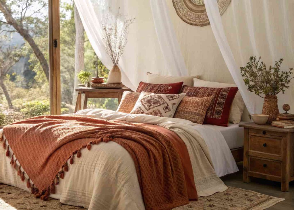 Layered bohemian bed with mixed linen bedding, chunky knit throw, and embroidered pillows in warm earth tones.