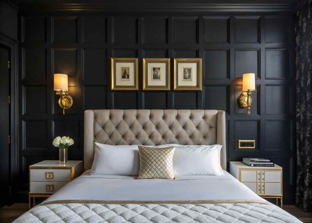 A lacquered black bedroom accent wall with brass sconces and gold-framed art in a Neo Deco master bedroom
