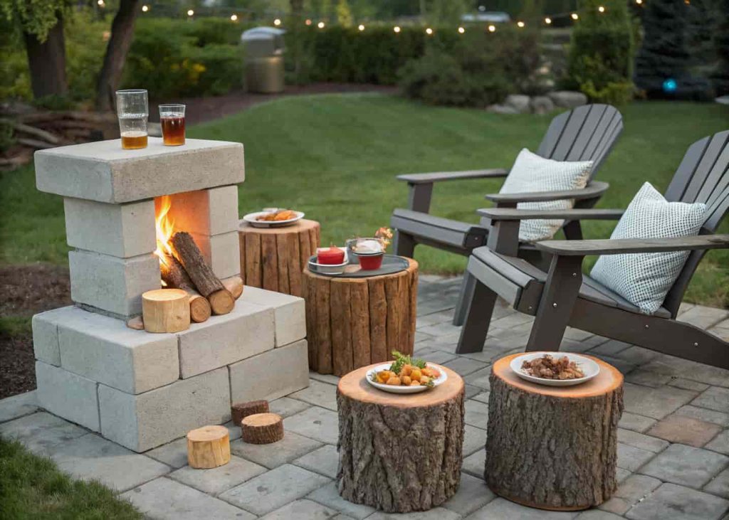 Backyard fire pit seating with various small side tables including tree stumps and concrete blocks between outdoor chairs, drinks and snacks on each table.