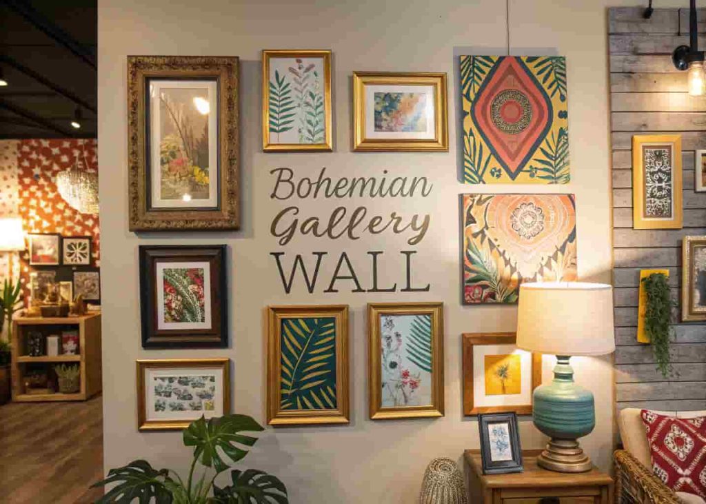 Colorful bohemian gallery wall with mismatched frames, abstract prints, and vintage botanicals