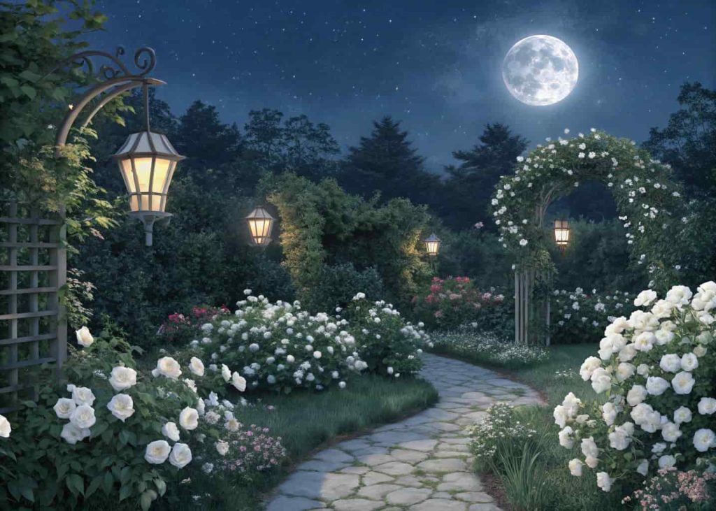 A serene moon garden with white roses, moonflowers, jasmine, and white phlox glowing softly under moonlight and gentle garden lanterns, magical nighttime garden atmosphere, dreamy and ethereal photography