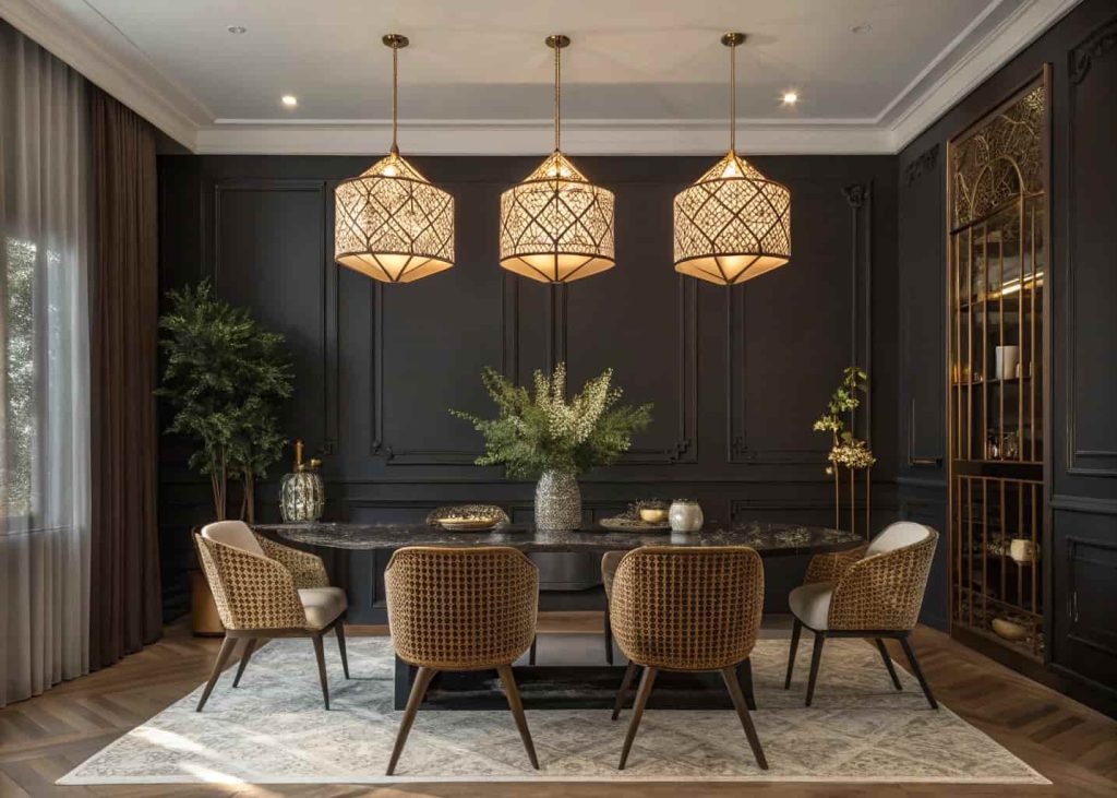 Three brass geometric pendant lights hanging at different heights above a dark marble dining table in a Neo Deco dining room