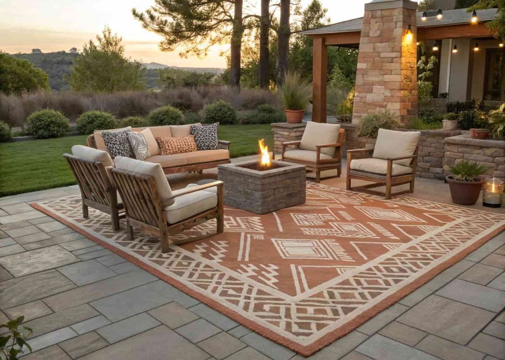 Large geometric outdoor rug in terracotta and cream anchoring a fire pit lounge seating area with four chairs and coordinated cushions.