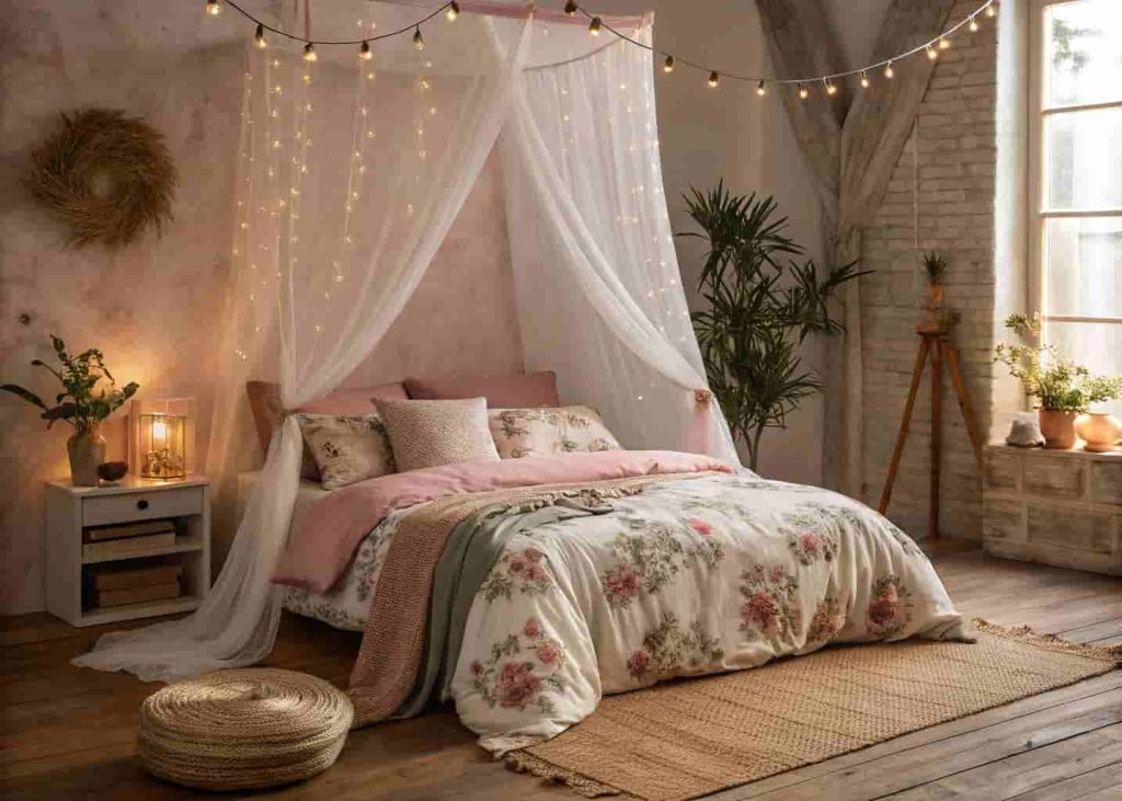 Dreamy boho bedroom with layered soft color bedding, sheer canopy, and fairy lights