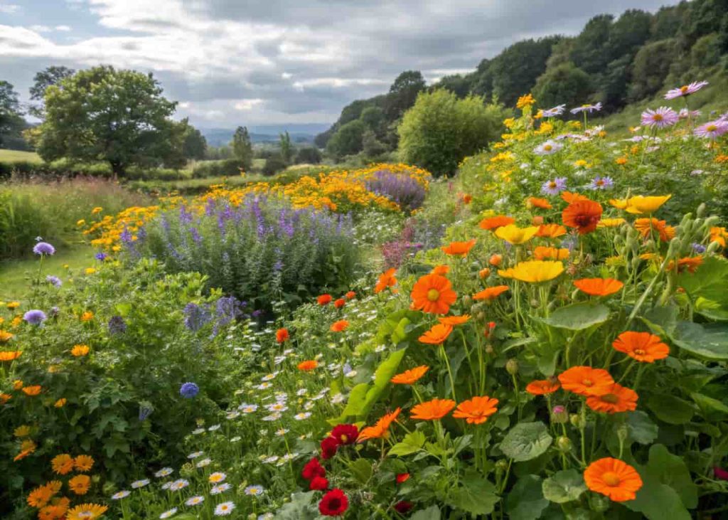 A colorful edible flower garden filled with nasturtiums, calendula, borage, and chamomile blooming in bright sunlight