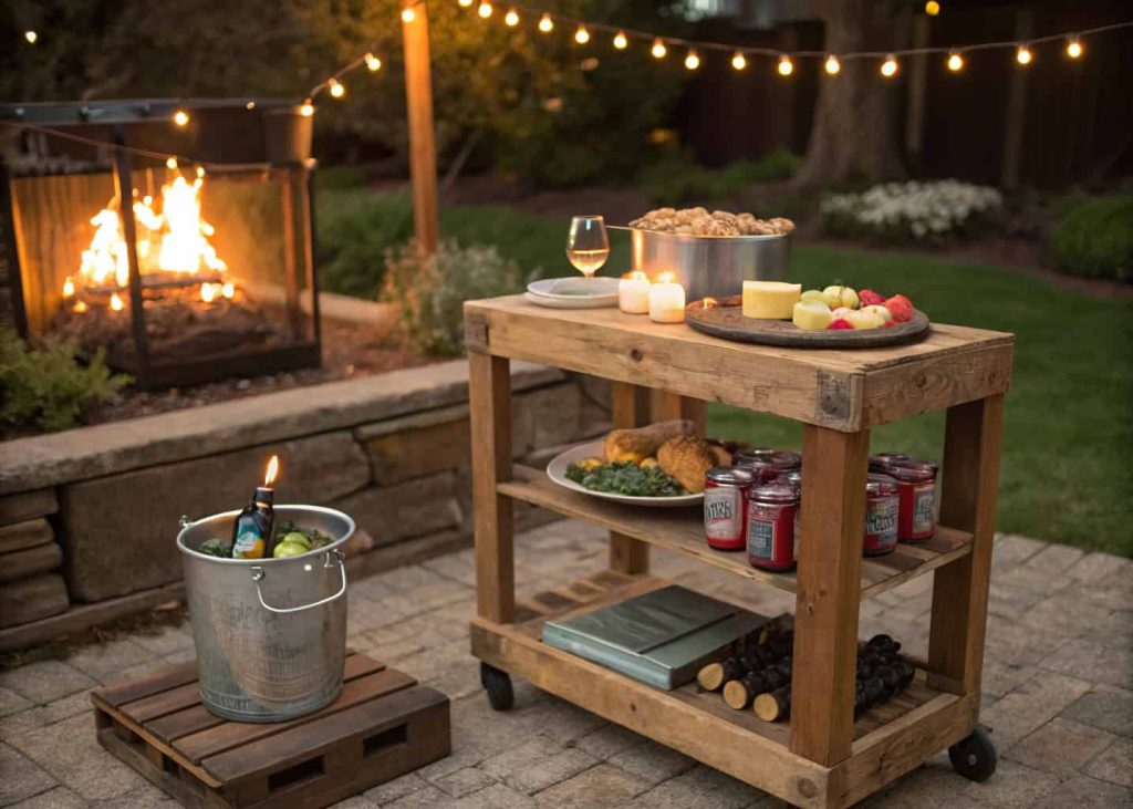 Rustic wooden bar cart with drinks, cheese board, and ice bucket beside a backyard fire pit seating area during an outdoor gathering.