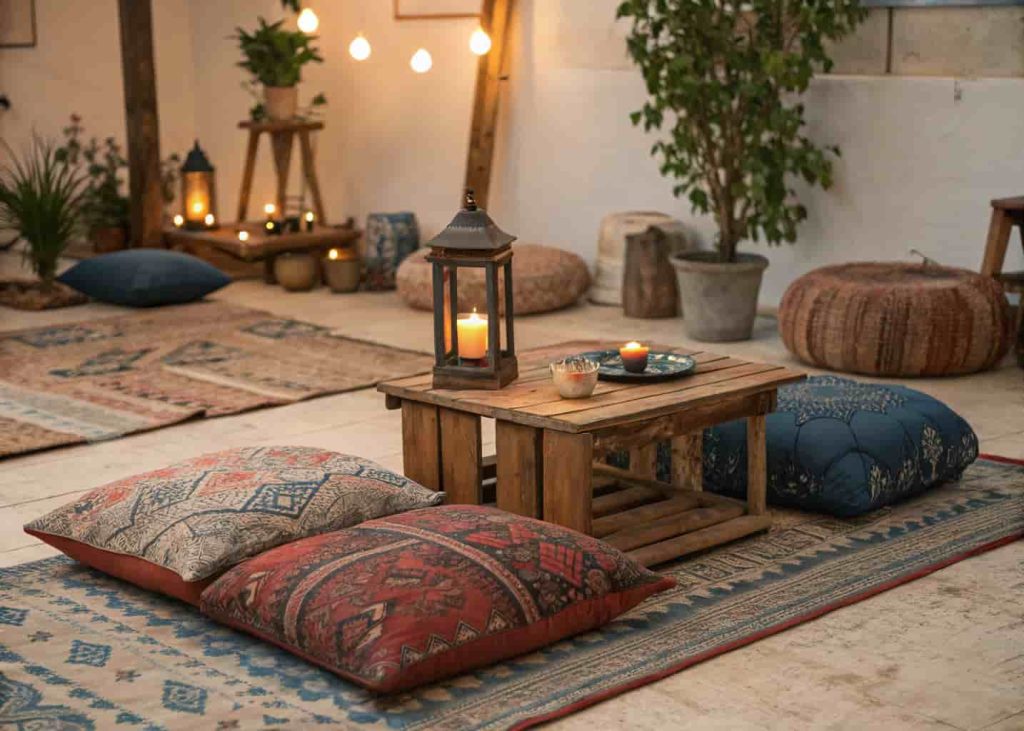 Artistic boho floor seating arrangement with patterned cushions, poufs, and low wooden table on kilim rug