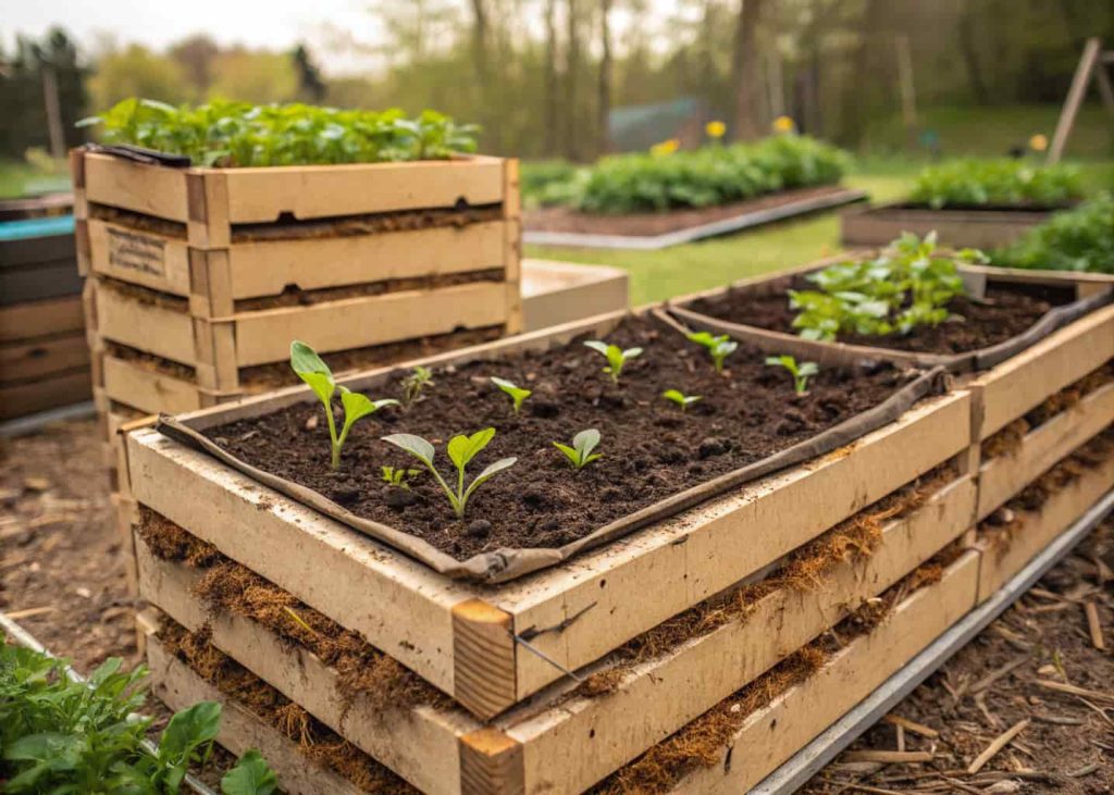 A no-dig garden bed with cardboard base, dark compost layers, and young green seedlings growing in a natural garden setting