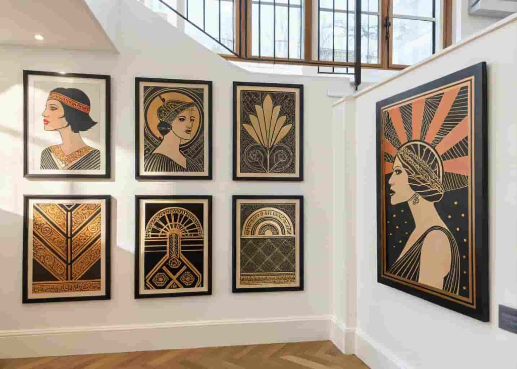 A gallery wall of six Art Deco prints in brass and black frames arranged in a grid on a warm white wall in a Neo Deco home
