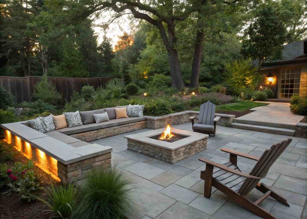Asymmetrical fire pit lounge with long sofa, mismatched chairs, and a single angled chair creating a natural and relaxed outdoor gathering space.