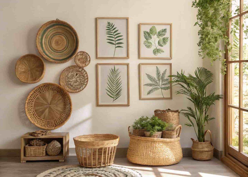 Boho woven basket wall display in seagrass and rattan next to botanical prints in earthy interior