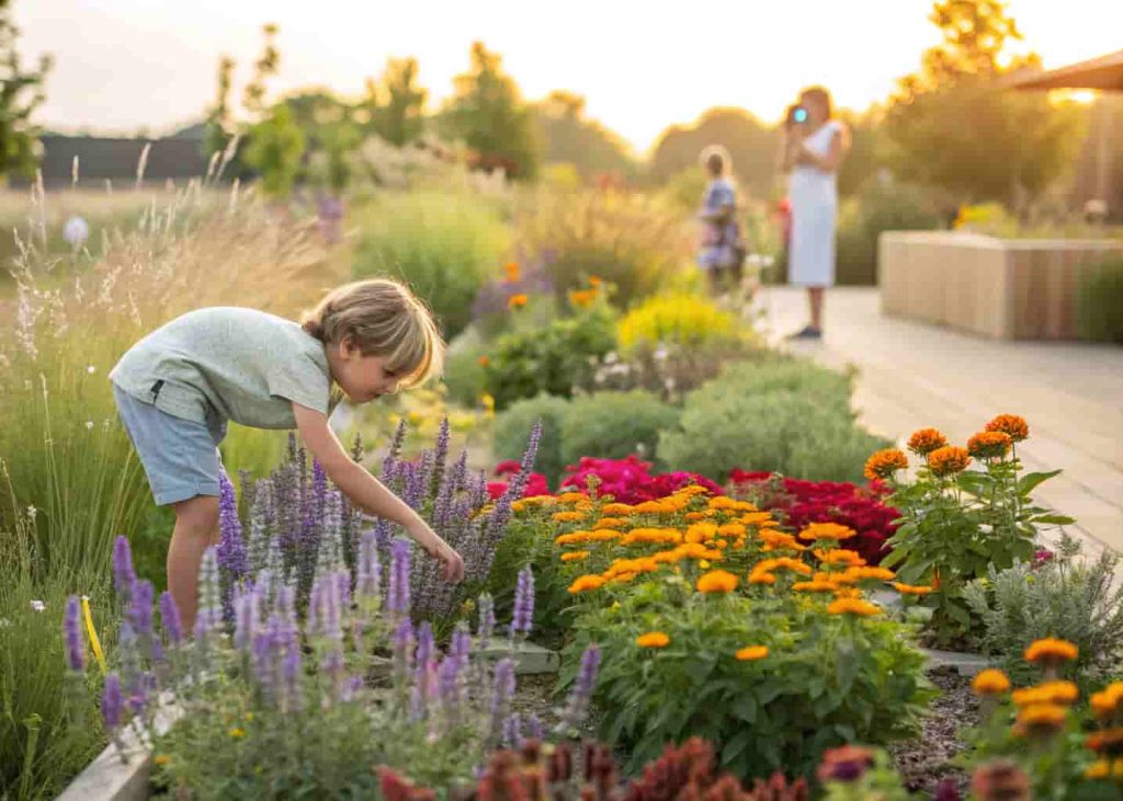 A vibrant sensory garden with lavender, lamb's ear, marigolds, and grasses, with a child exploring the soft textures of the plants