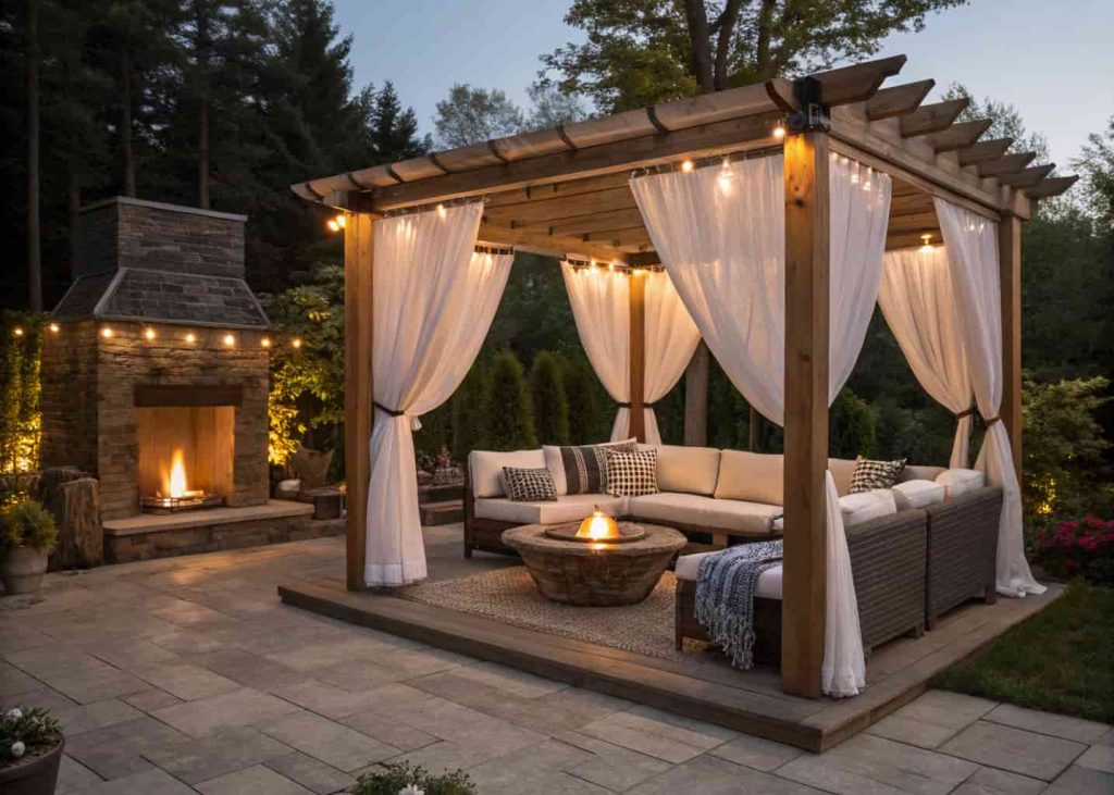 Backyard fire pit lounge with sheer white outdoor curtains on a pergola, outdoor sofa with throw blankets, and a glowing fire pit creating a romantic intimate atmosphere.